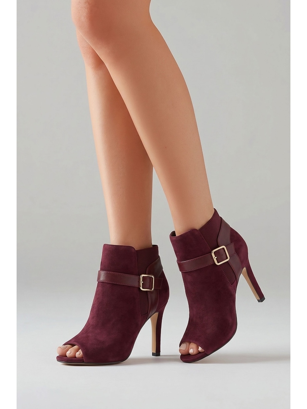 Marc Fisher Women's Burgundy Suede Peep Toe Ankle Boots with Buckle Stiletto 8W